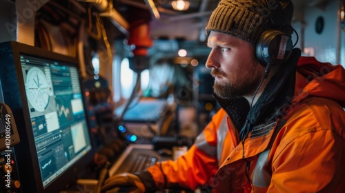 Engineer monitoring underwater cable installations using a computer on a ship © G.Go