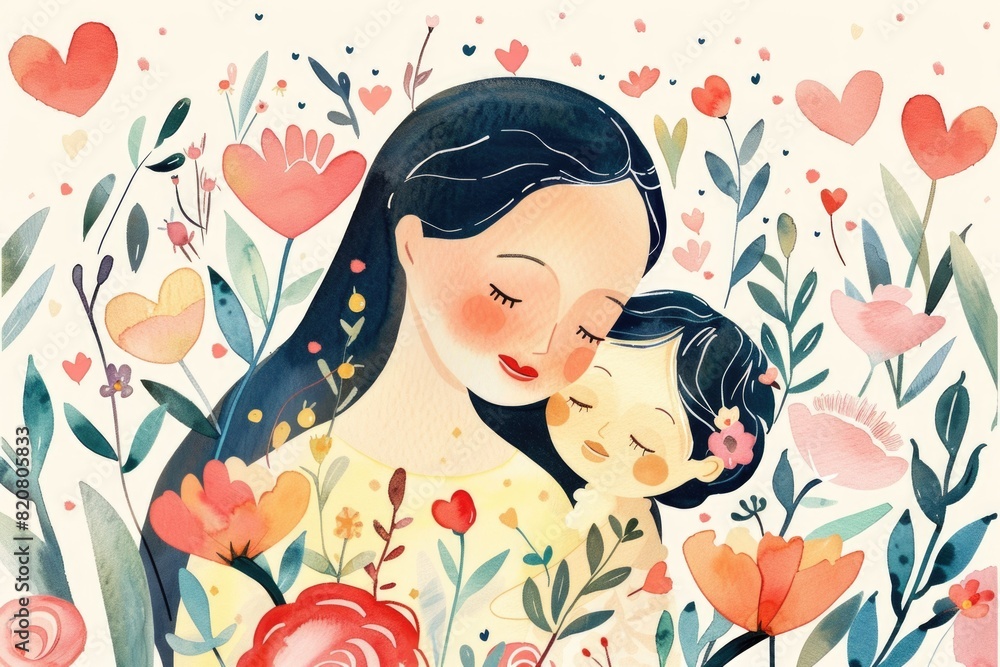 A heartwarming scene of a mother and child in a beautiful flower field. Perfect for family and nature-themed designs A heartwarming scene of a mother and child in a beautiful flower field. Perfect for family and nature-themed designs
