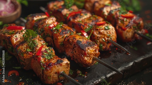 a tantalizing sumptuous serving of grilled meat skewers, infused with herbs and spices, ready to be devoured