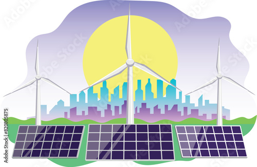 Vector illustration of a landscape with wind turbines and solar panels on a bright background