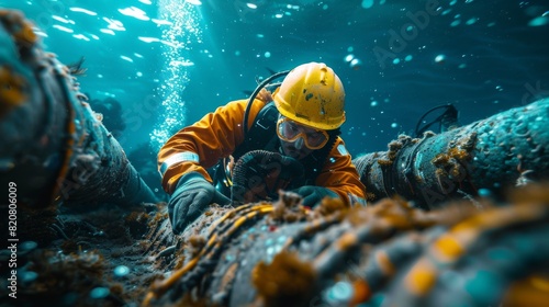 Engineer supervising underwater fiber optic cable installation, combined with images of the ocean bed photo
