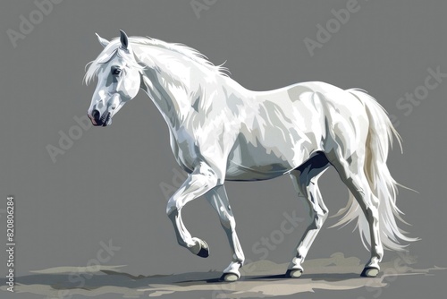 A majestic white horse galloping on a neutral gray background. Suitable for various design projects