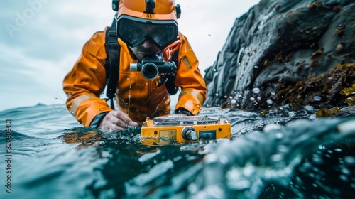 Engineer using underwater drones to assist in the installation of fiber optic cables photo