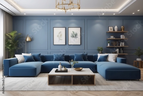 Living Room Design With U Shaped Blue Sofa Set