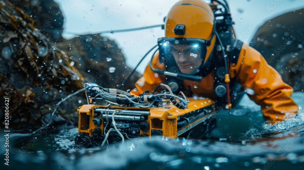 Engineer using underwater robots to install fiber optic cables