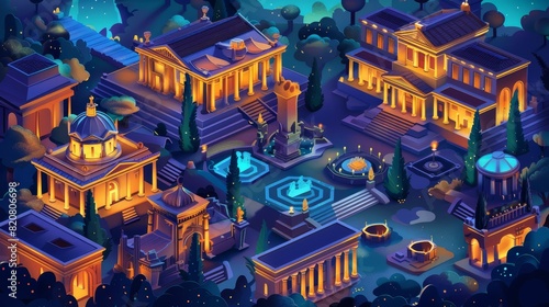 An isometric landscape of Rome with antique buildings on a dark cartoon game background featuring the Capitol temple, the basilica, the Roman forum, the taberna, and an ancient military camp called photo