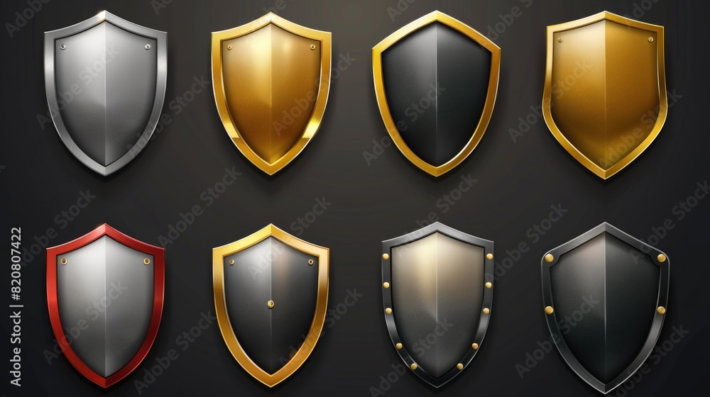 A collection of shiny shields on a black backdrop. Perfect for security or protection concepts A collection of shiny shields on a black backdrop. Perfect for security or protection concepts