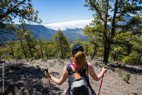 Young woman summit to Bejenado Peak in Caldera de Taburiente, La Palma, Spain photo