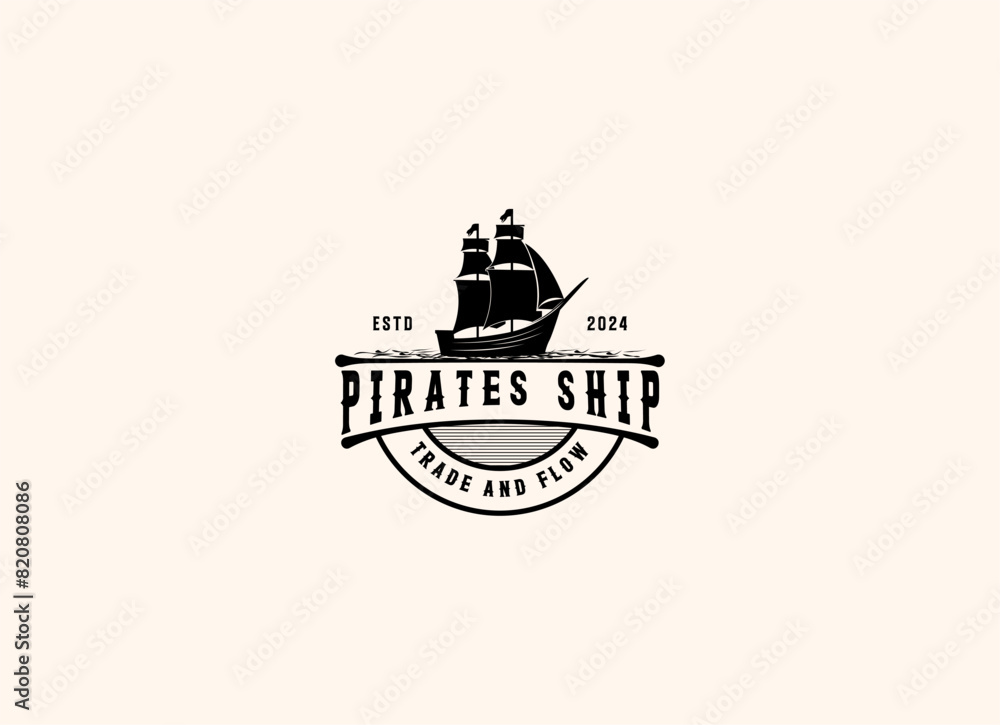 Vector illustration of Old Pirate Ship or Classic Merchant Sailing Vessel Boat on ocean sea waves for vintage nautical label logo Vector illustration of Old Pirate Ship or Classic Merchant Sailing Vessel Boat on ocean sea waves for vintage nautical label logo
