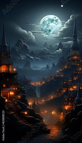 Fantasy landscape with castle on the hill and moon. Vector illustration