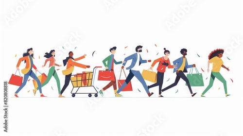 Happy people run to the store sale. Modern flat illustration of men and women with shopping carts and bags. Concept of black friday sale  discount in the store.