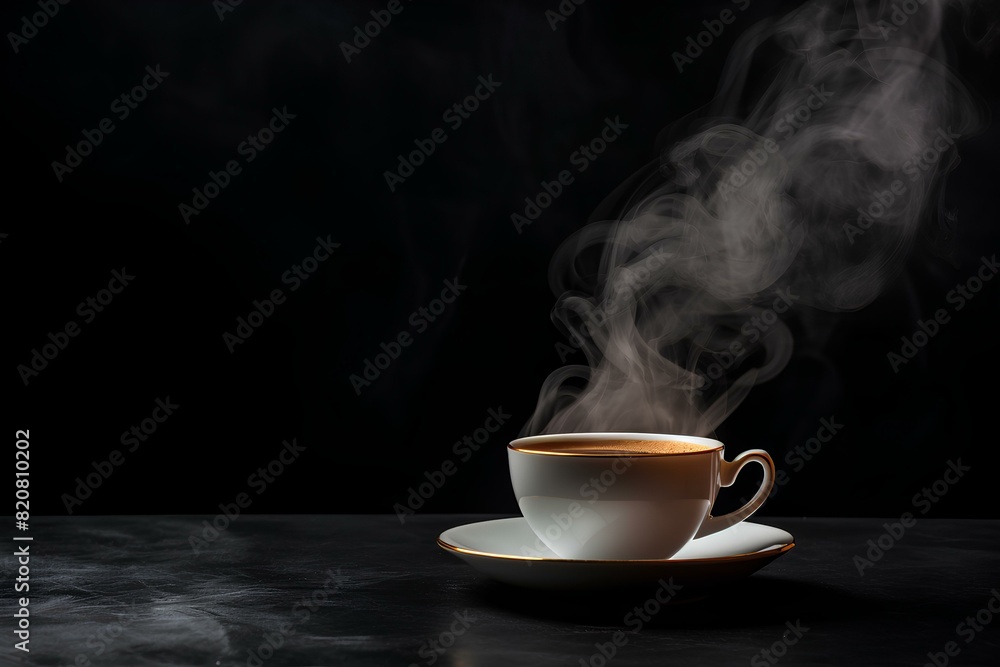 Coffee mug with steam from boiling water. Cup of hot coffee on the table, dark background. Concept: aroma of tea and coffee. Coffee mug with steam from boiling water. Cup of hot coffee on the table, dark background. Concept: aroma of tea and coffee.