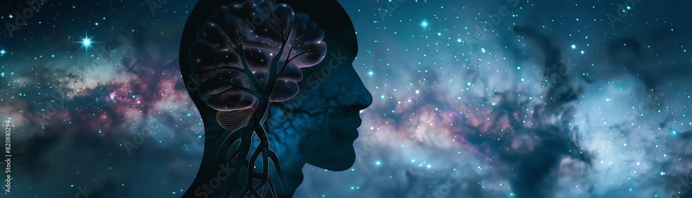Obraz premium The image shows a human head in profile with a glowing brain and a starry background.
