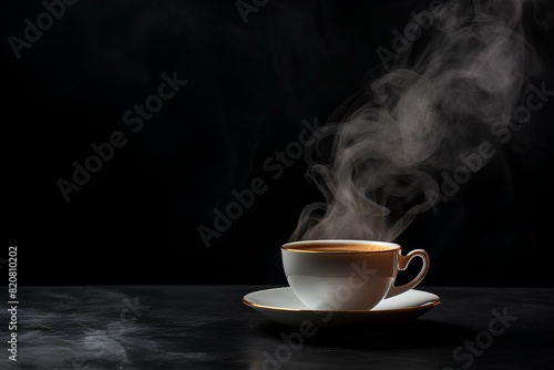 Coffee mug with steam from boiling water. Cup of hot coffee on the table, dark background. Concept: aroma of tea and coffee. photo