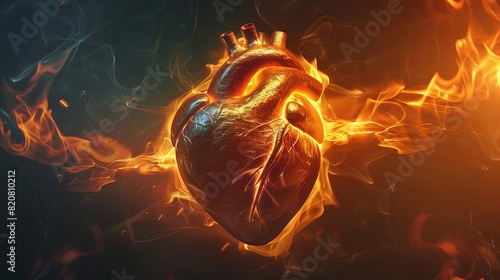 The image shows a heart on fire. The heart is orange and yellow, and the flames are red and yellow. The background is black. drd bhraa dil photo