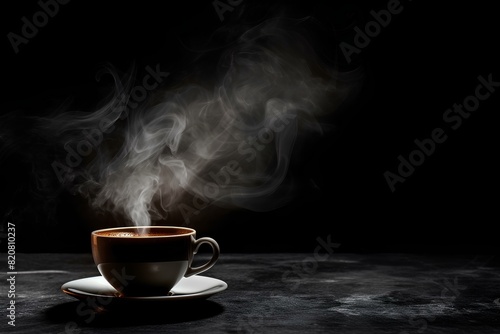 Coffee mug with steam from boiling water. Cup of hot coffee on the table, dark background. Concept: aroma of tea and coffee. photo