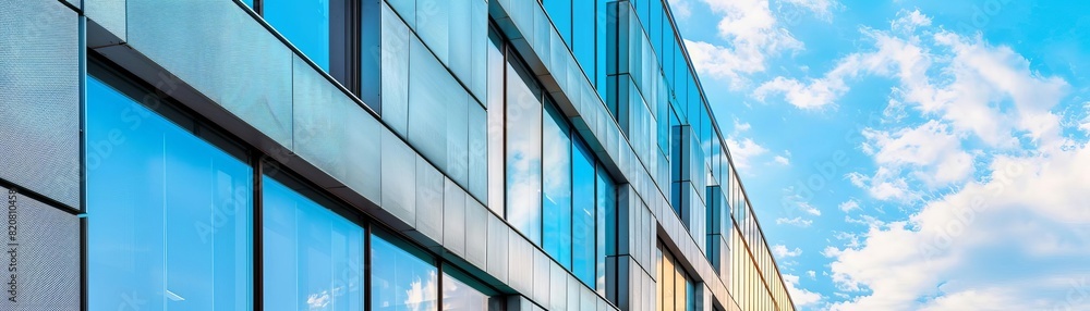 The image shows a modern glass and steel office building with blue reflective windows. The image shows a modern glass and steel office building with blue reflective windows.