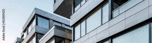 The image shows a modern apartment building with a brick facade and large windows.