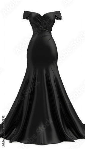Stunning black evening gown front view isolated on white background for fashion sale