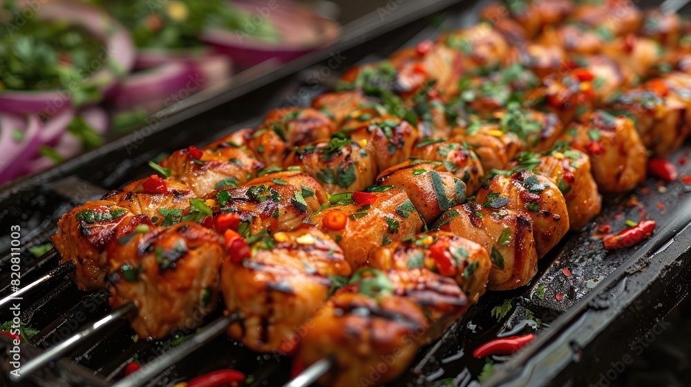 a sumptuous feast of spice infused chicken skewers, garnished with chopped coriander, grilled to perfection, ready to be devoured a sumptuous feast of spice infused chicken skewers, garnished with chopped coriander, grilled to perfection, ready to be devoured
