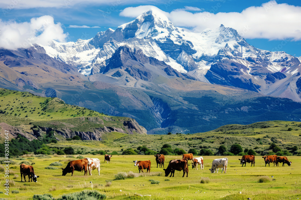 Grazing cows in pasture with snowy mountain peaks in background. Landscape with herd of cows on meadow with green grass at summer day Grazing cows in pasture with snowy mountain peaks in background. Landscape with herd of cows on meadow with green grass at summer day