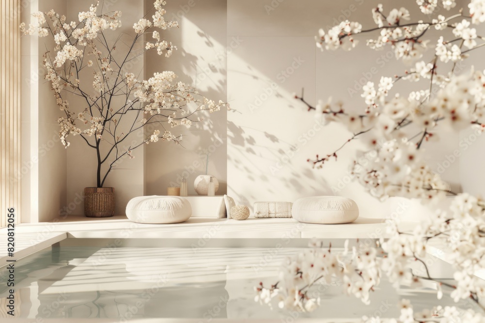 A serene room with a refreshing pool and a beautiful tree adorned with white flowers. Perfect for spa or relaxation-themed designs A serene room with a refreshing pool and a beautiful tree adorned with white flowers. Perfect for spa or relaxation-themed designs