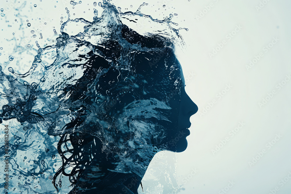 Water splashes in shape of woman head silhouette. Female portrait made of water waves with double exposure effect. People and nature concept Water splashes in shape of woman head silhouette. Female portrait made of water waves with double exposure effect. People and nature concept