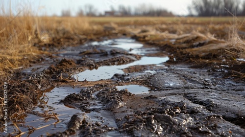 Contaminated soil with visible oil patches in a rural farmland setting