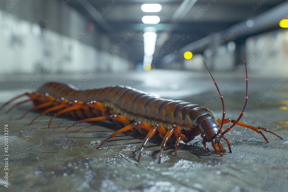 Fototapeta premium Detailed view of a centipede on the ground, suitable for nature and wildlife themes