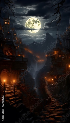 Halloween background with castle and full moon. 3d rendering. © Iman