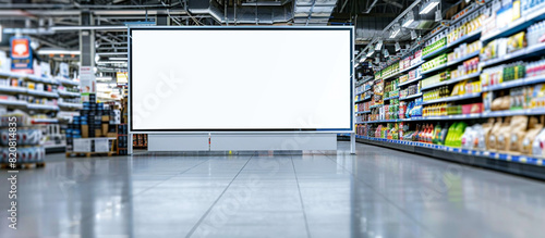 A clean, unmarked billboard panel installed within a shop's stock area, offering advertisers a prime location to showcase their brands and promotions in vivid high. photo
