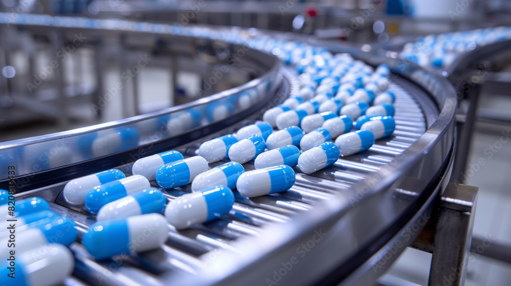 Fototapeta premium Pharmaceutical Pills on Modern Conveyor Belt in Factory