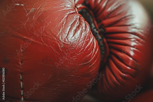 close-up guante de boxeo antiguo, ultima pelea antes de colgar los guantes, texturas de cuero rojo viejo photo