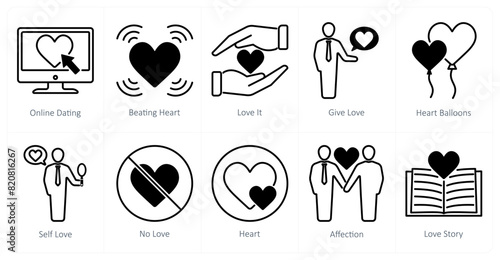 A set of 10 love and romance icons as online dating, beating heart, love it