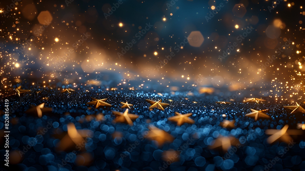 Falling Gold Stars Dark Blue Background. Fest,
Christmas background with bokeh lights and stars
