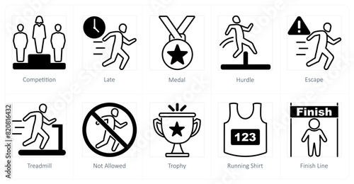 A set of 10 running icons as competition, late, medal