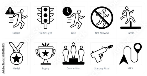 A set of 10 running icons as escape, traffic light, late