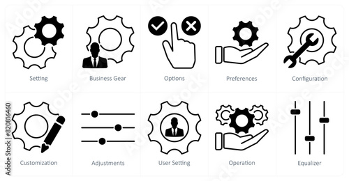 A set of 10 settings and configuration icons as setting, business gear, options