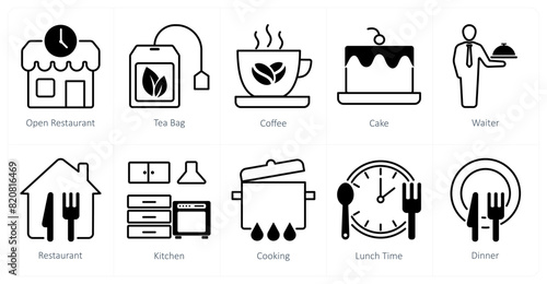 A set of 10 restaurant icons as open restaurant, tea bag, coffee