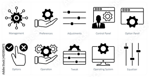 A set of 10 settings and configuration icons as management, preferences, adjustments
