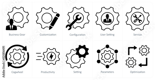 A set of 10 settings and configuration icons as business gear, customization, configuration