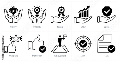 A set of 10 success icons as victory, strategy, reward