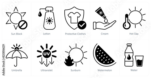 A set of 10 sun protection icons as sun block, lotion, protective clothes