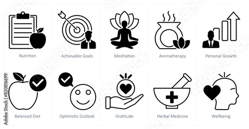 A set of 10 wellness icons as nutrition, achievable goals, meditation