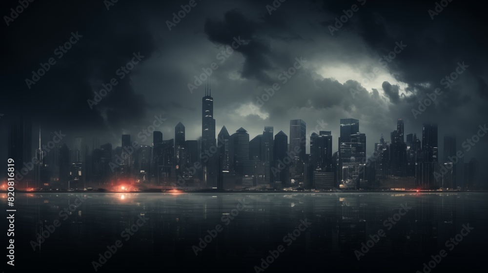 Obraz premium A moody, dark cityscape with a dramatic skyline at night, featuring towering buildings and a stormy sky reflecting on the calm urban water.