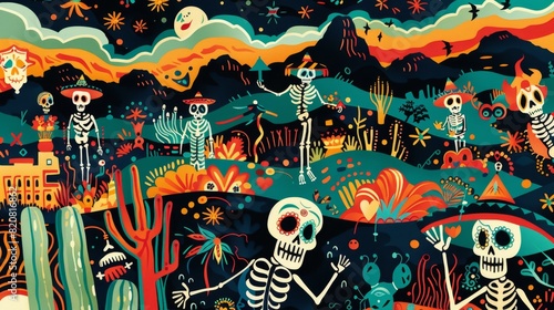 Vibrant Day of the Dead Celebration Illustration with Dancing Skeletons