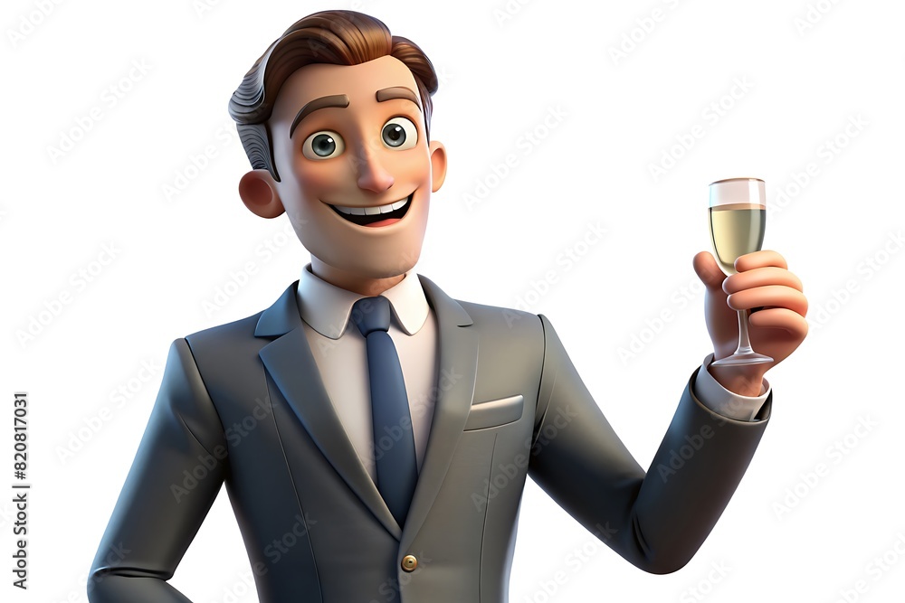Entreprise française célébrant avec boisson, isolée sur fond blanc, personnage d'homme français 3D, illustration 3D. Entreprise française célébrant avec boisson, isolée sur fond blanc, personnage d'homme français 3D, illustration 3D.