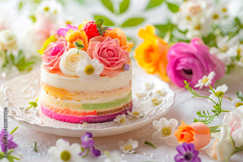 Rainbow cake decorated with flowers