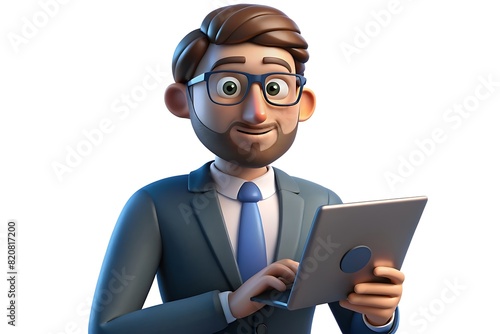 Homme français utilisant une tablette, Personnage d'homme français en 3D, Illustration 3D photo