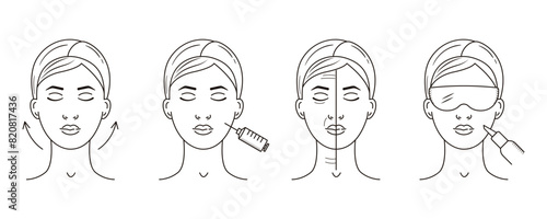 Cosmetology procedures of face massage, injections, lifting and laser acne treatment. Set of outline vector illustrations. Beauty clinic icons. Professional skincare concept.